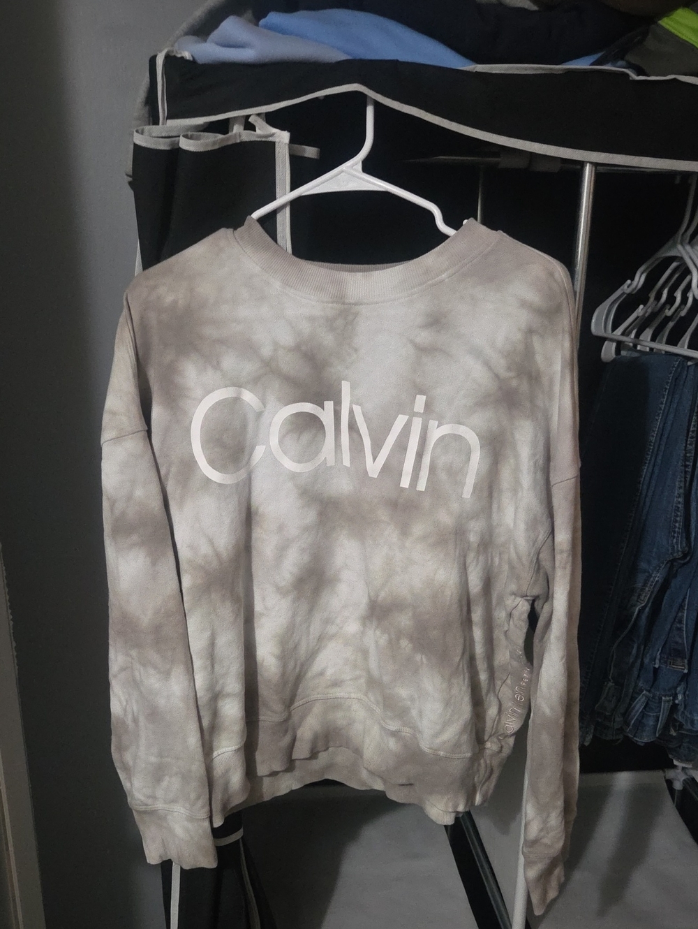 Calvin Klein Tie-Dye Crewneck Sweatshirt in Gray and White